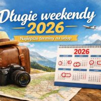 Długie weekendy 2026 – kalendarz z zaznaczonymi najlepszymi terminami urlopowymi, walizka podróżna, aparat i mapa w tle gór.