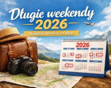 Długie weekendy 2026 – kalendarz z zaznaczonymi najlepszymi terminami urlopowymi, walizka podróżna, aparat i mapa w tle gór.