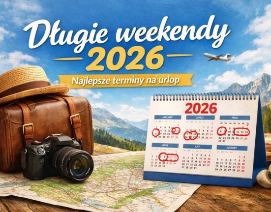 Długie weekendy 2026 – kalendarz z zaznaczonymi najlepszymi terminami urlopowymi, walizka podróżna, aparat i mapa w tle gór.