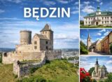Kolaż promujący Będzin: średniowieczny Zamek Będzin na wzgórzu oraz Pałac Mieroszewskich, Podzamcze i Kościół św. Trójcy pod błękitnym niebem