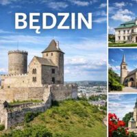 Kolaż promujący Będzin: średniowieczny Zamek Będzin na wzgórzu oraz Pałac Mieroszewskich, Podzamcze i Kościół św. Trójcy pod błękitnym niebem