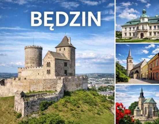 Kolaż promujący Będzin: średniowieczny Zamek Będzin na wzgórzu oraz Pałac Mieroszewskich, Podzamcze i Kościół św. Trójcy pod błękitnym niebem