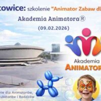 Katowice – szkolenie „Animator Zabaw dla Dzieci” Akademii Animatora® (luty 2026) – grafika z logo i motywami animacji dla dzieci