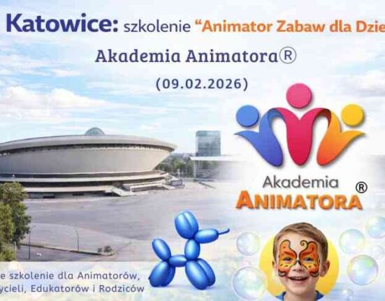 Katowice – szkolenie „Animator Zabaw dla Dzieci” Akademii Animatora® (luty 2026) – grafika z logo i motywami animacji dla dzieci