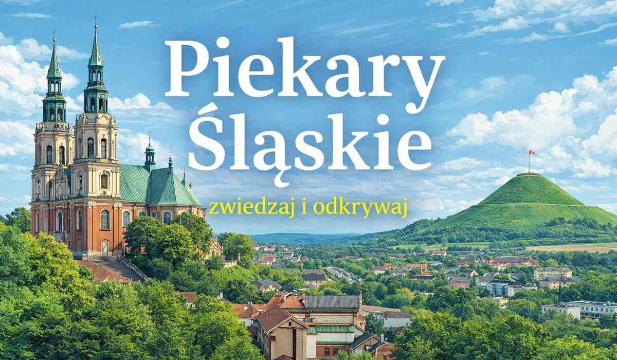 Ilustracja przedstawiająca Piekary Śląskie – panorama miasta z bazyliką po lewej i Kopcem Wyzwolenia po prawej.