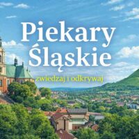 Ilustracja przedstawiająca Piekary Śląskie – panorama miasta z bazyliką po lewej i Kopcem Wyzwolenia po prawej.