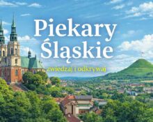 Ilustracja przedstawiająca Piekary Śląskie – panorama miasta z bazyliką po lewej i Kopcem Wyzwolenia po prawej.