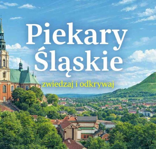 Ilustracja przedstawiająca Piekary Śląskie – panorama miasta z bazyliką po lewej i Kopcem Wyzwolenia po prawej.