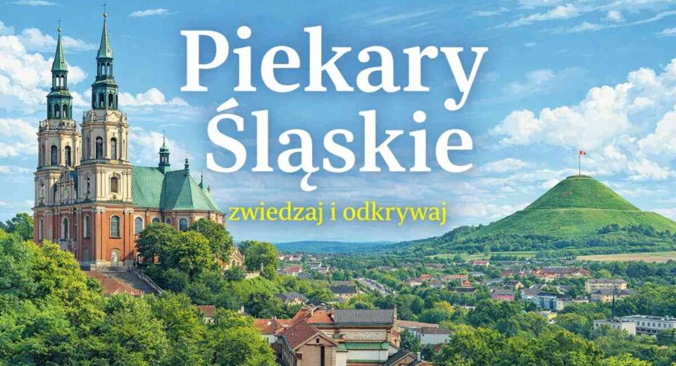 Ilustracja przedstawiająca Piekary Śląskie – panorama miasta z bazyliką po lewej i Kopcem Wyzwolenia po prawej.
