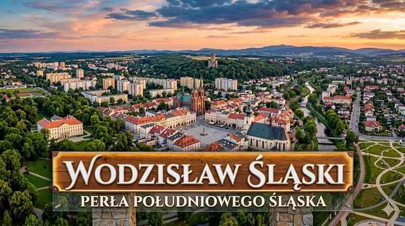Panorama Wodzisławia Śląskiego z widokiem na Rynek, Pałac Dietrichsteinów i Rodzinny Park Rozrywki Trzy Wzgórza.