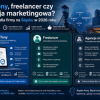 Grafika porównująca FastTony, freelancera i agencję marketingową dla firm na Śląsku w 2026 roku z wizualizacją kosztów, zalet i modeli współpracy.