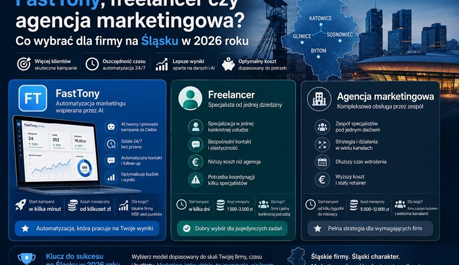 Grafika porównująca FastTony, freelancera i agencję marketingową dla firm na Śląsku w 2026 roku z wizualizacją kosztów, zalet i modeli współpracy.