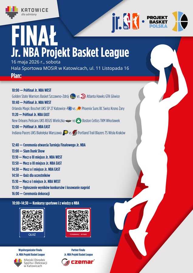 Plakat finału Jr. NBA Projekt Basket League 2026 — 16 maja, hala MOSiR Katowice, ul. 11 Listopada 16