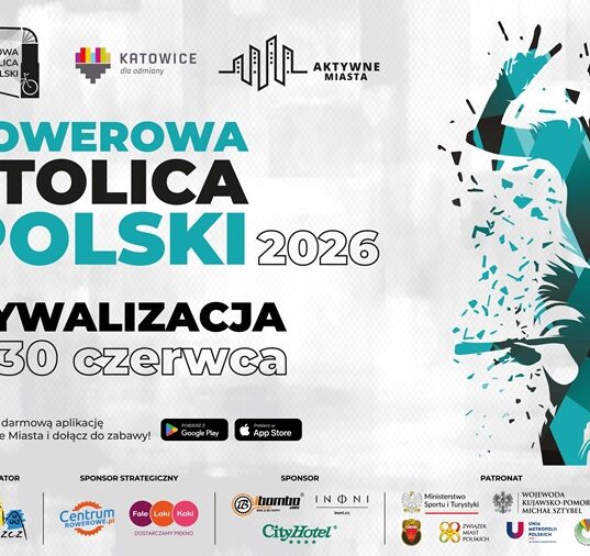 Plakat Rowerowej Stolicy Polski 2026 — rywalizacja 1–30 czerwca, Katowice i aplikacja Aktywne Miasta