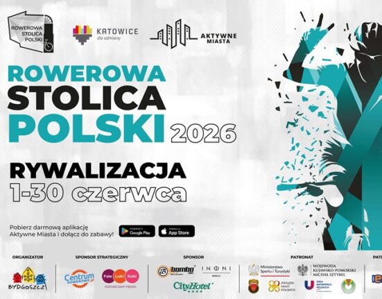 Plakat Rowerowej Stolicy Polski 2026 — rywalizacja 1–30 czerwca, Katowice i aplikacja Aktywne Miasta