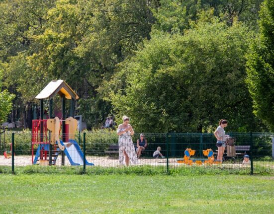 Istniejący plac zabaw dla dzieci w Dolinie Trzech Stawów w Katowicach — zestaw ze zjeżdżalnią i kiwaki, w tle zieleń parkowa