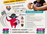 Plakat Pikników z Bebokiem Rajdusiem w Katowicach — cztery terminy: 14 czerwca, 20 czerwca, 15 i 16 sierpnia, godziny 13:00–18:00, bezpłatne wydarzenie edukacyjno-rozrywkowe z Jarkiem Szeją i Szeja Rally Team