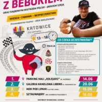 Plakat Pikników z Bebokiem Rajdusiem w Katowicach — cztery terminy: 14 czerwca, 20 czerwca, 15 i 16 sierpnia, godziny 13:00–18:00, bezpłatne wydarzenie edukacyjno-rozrywkowe z Jarkiem Szeją i Szeja Rally Team