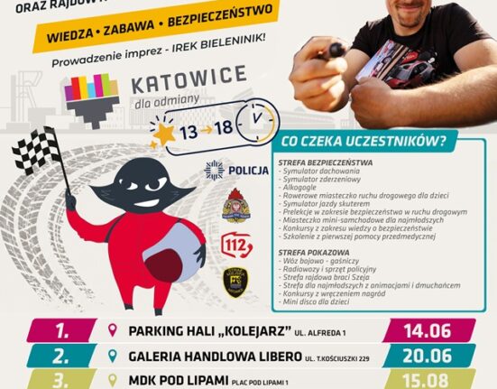Plakat Pikników z Bebokiem Rajdusiem w Katowicach — cztery terminy: 14 czerwca, 20 czerwca, 15 i 16 sierpnia, godziny 13:00–18:00, bezpłatne wydarzenie edukacyjno-rozrywkowe z Jarkiem Szeją i Szeja Rally Team