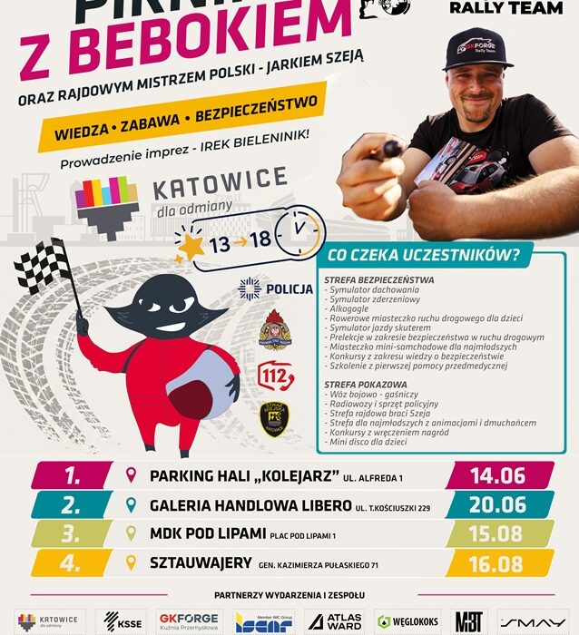 Plakat Pikników z Bebokiem Rajdusiem w Katowicach — cztery terminy: 14 czerwca, 20 czerwca, 15 i 16 sierpnia, godziny 13:00–18:00, bezpłatne wydarzenie edukacyjno-rozrywkowe z Jarkiem Szeją i Szeja Rally Team
