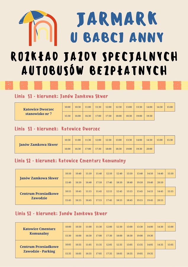 Rozkład jazdy bezpłatnych autobusów specjalnych na Jarmark u Babci Anny 2026