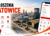Baner Ogłoszenia Katowice GoGa.pl z widokiem na Spodek i panoramę miasta oraz kategoriami: nieruchomości, motoryzacja, praca, dom i ogród, elektronika, moda