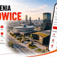 Baner Ogłoszenia Katowice GoGa.pl z widokiem na Spodek i panoramę miasta oraz kategoriami: nieruchomości, motoryzacja, praca, dom i ogród, elektronika, moda
